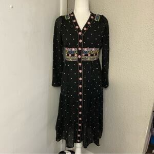 Aly Daly Black Polka Dot Embroidered Boho Peasant Sheer Lined Dress M Cottage